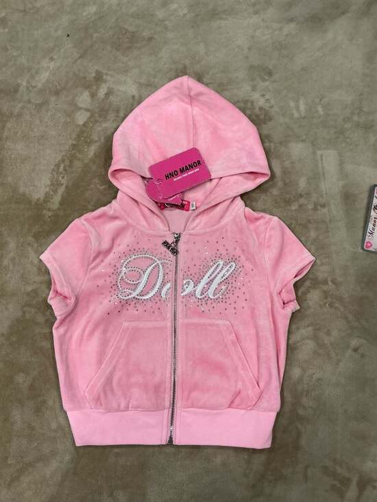 HNO Manor Tops - HNO Manor NWT Velvet Pink Rhinestone Doll Short Sleeve Velour Hoodie SIZE XS